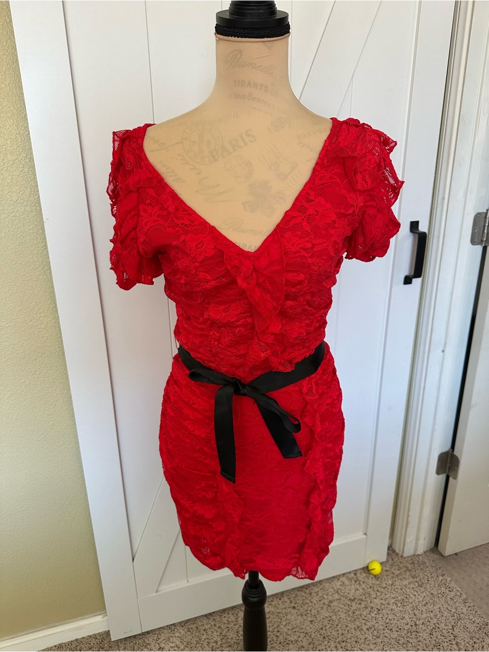 bebe Red Lace V-Neck Mini Dress with Black Ribbon